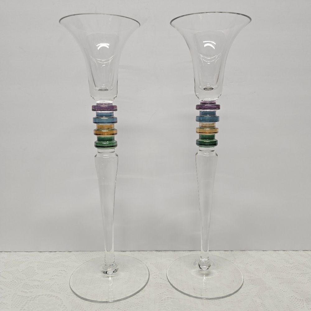 Vintage 90s Block Carnival Crystal Candlestick Holder Set Of 2 Poland 12"